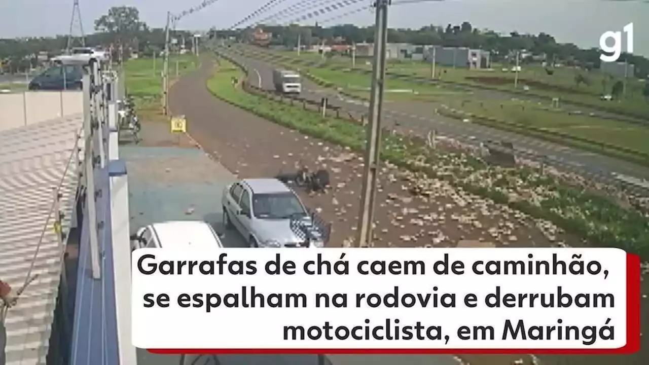 VÍDEO: garrafas de chá caem de caminhão, se espalham na rodovia e derrubam motociclista, em Maringá