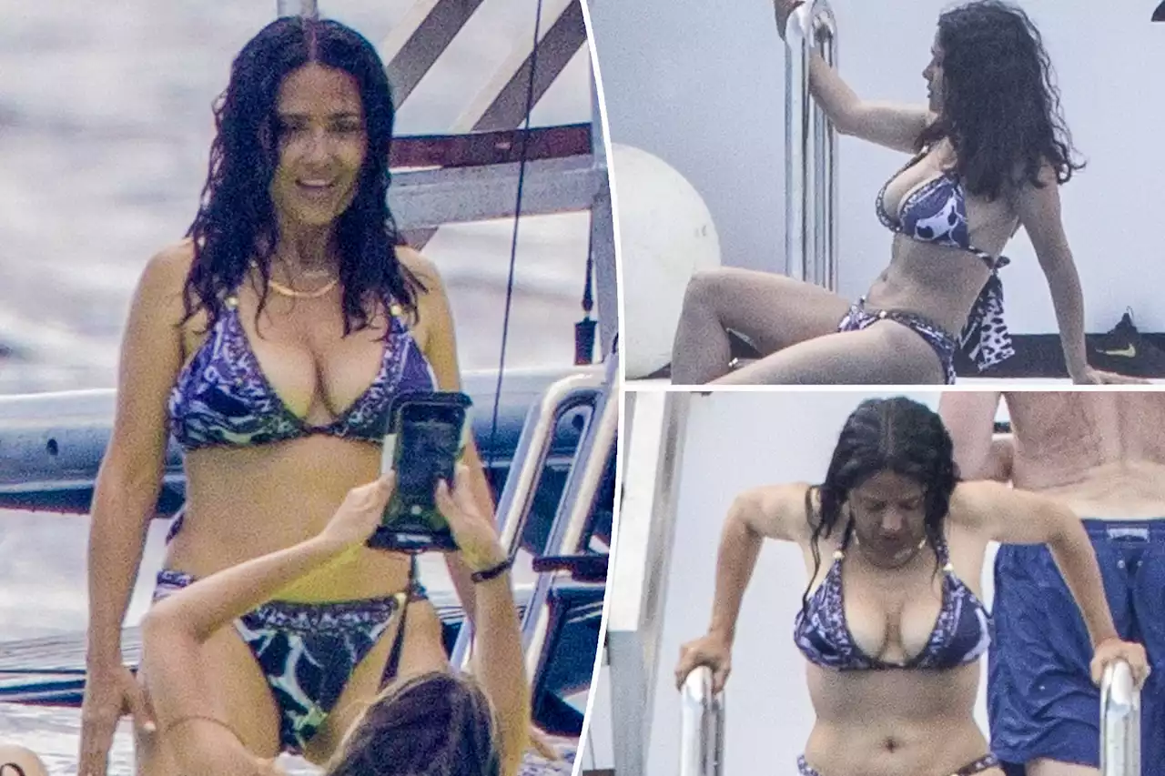 Salma Hayek takes a dip in blue bikini while yachting in Mexico with family