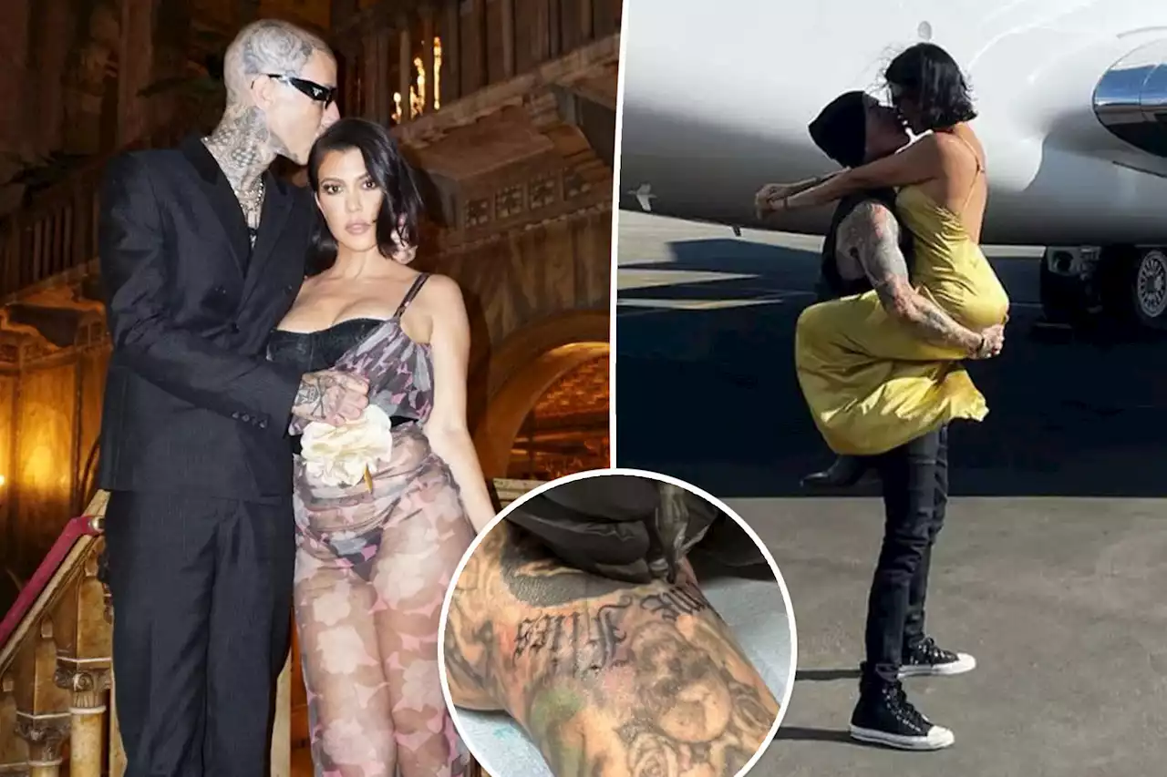 Travis Barker’s new tattoo seems to honor Kourtney Kardashian and his former fear of flying after plane crash