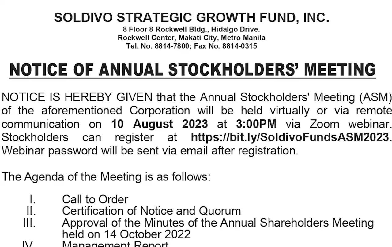 SOLDIVO STRATEGIC GROWTH FUND, INC.: NOTICE OF ANNUAL STOCKHOLDERS’ MEETING