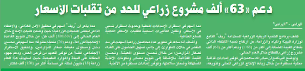 جريدة الرياض | دعم «63» ألف مشروع زراعي للحد من تقلبات الأسعار