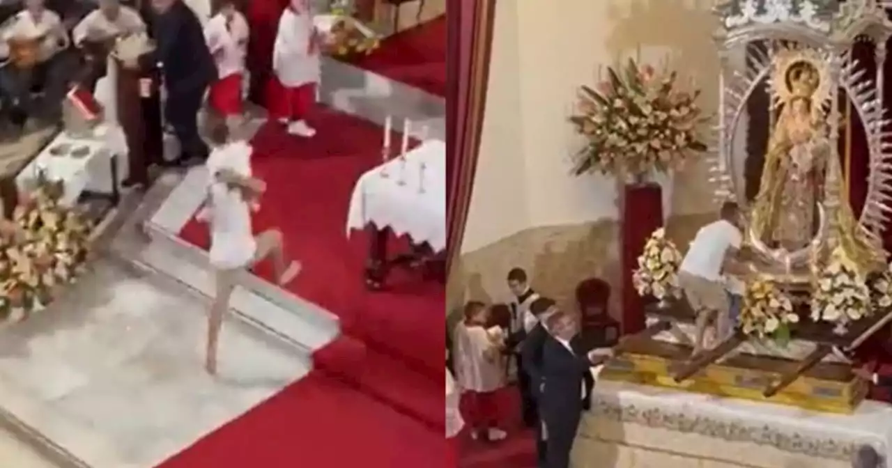 Video: hombre interrumpió misa para subir a un niño al altar de la Virgen