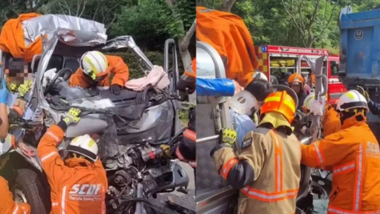 SCDF disaster team frees driver trapped in lorry after accident on SLE; man taken to hospital