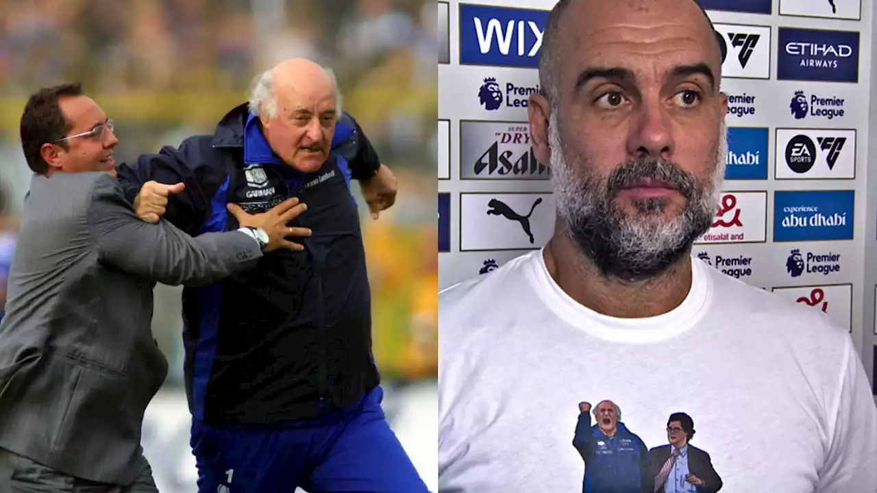 Guardiola, omaggio a Mazzone: indossa la maglietta che ritrae la corsa di Brescia-Atalanta