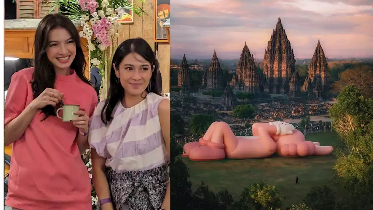 Potret Dian Sastrowardoyo dan Raline Shah Mejeng di Depan Instalasi KAWS Raksasa yang Rebahan di Candi Prambanan