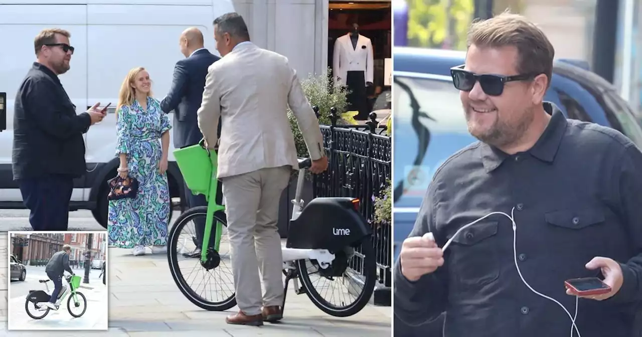 Awkward moment James Corden is forced to remove Lime bike from Mayfair pub