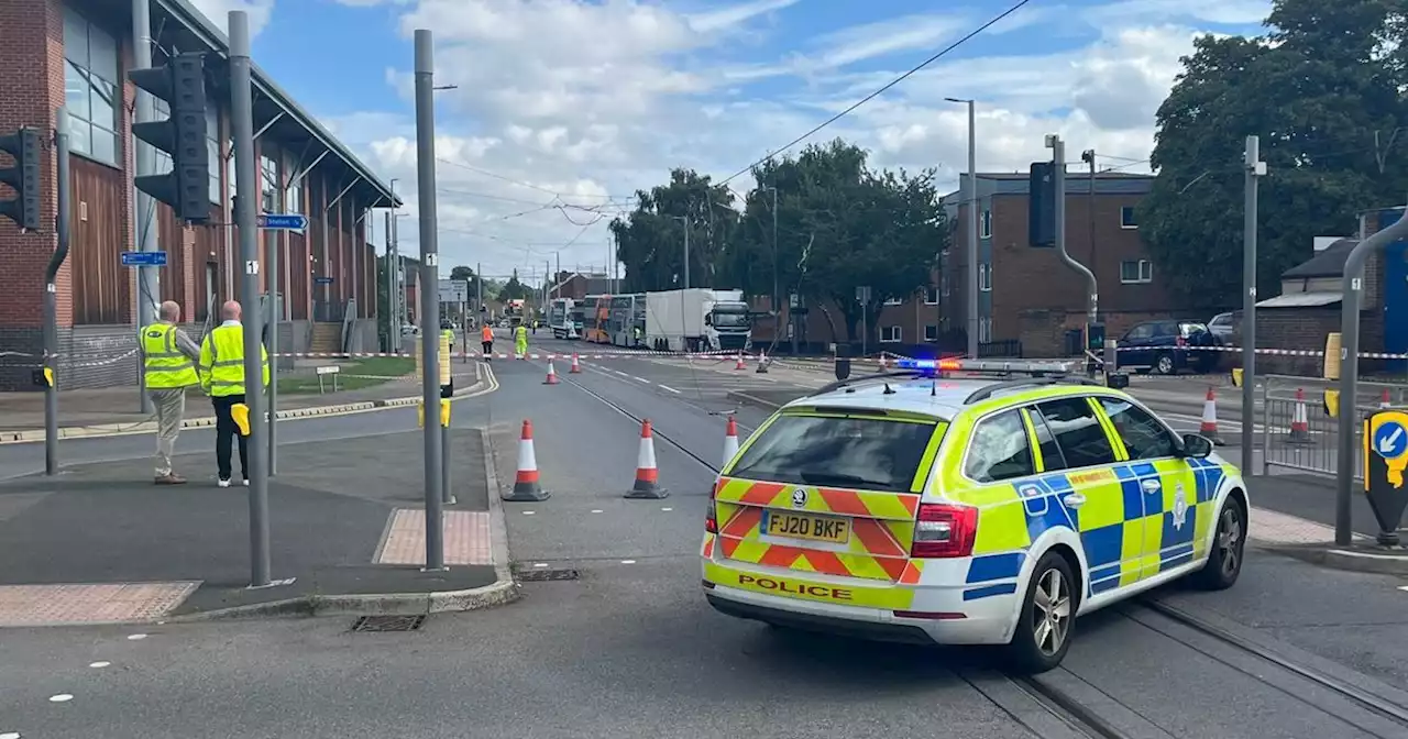 Road closed and tram services disrupted as overhead wires damaged