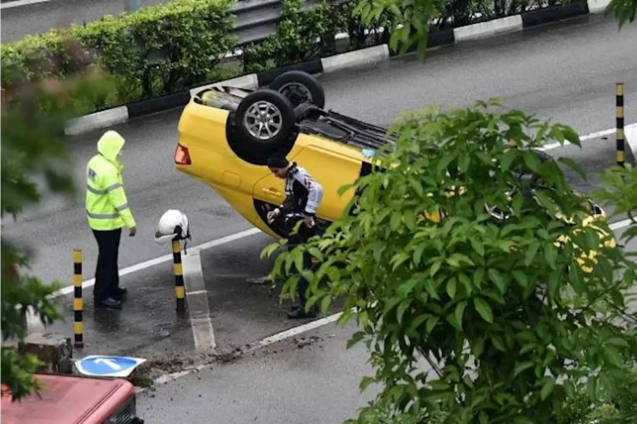 Man taken to hospital after car overturns in slip road in Toa Payoh