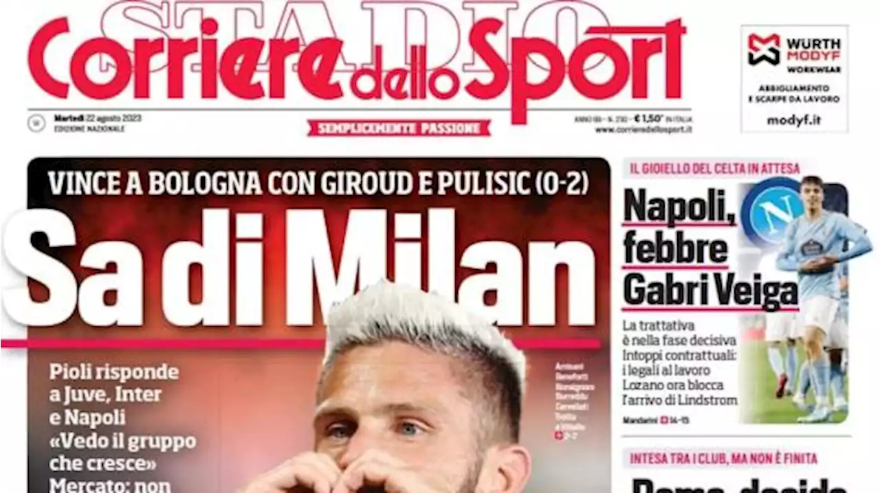 L'apertura del Corriere dello Sport sulla vittoria rossonera a Bologna: 'Sa di Milan'