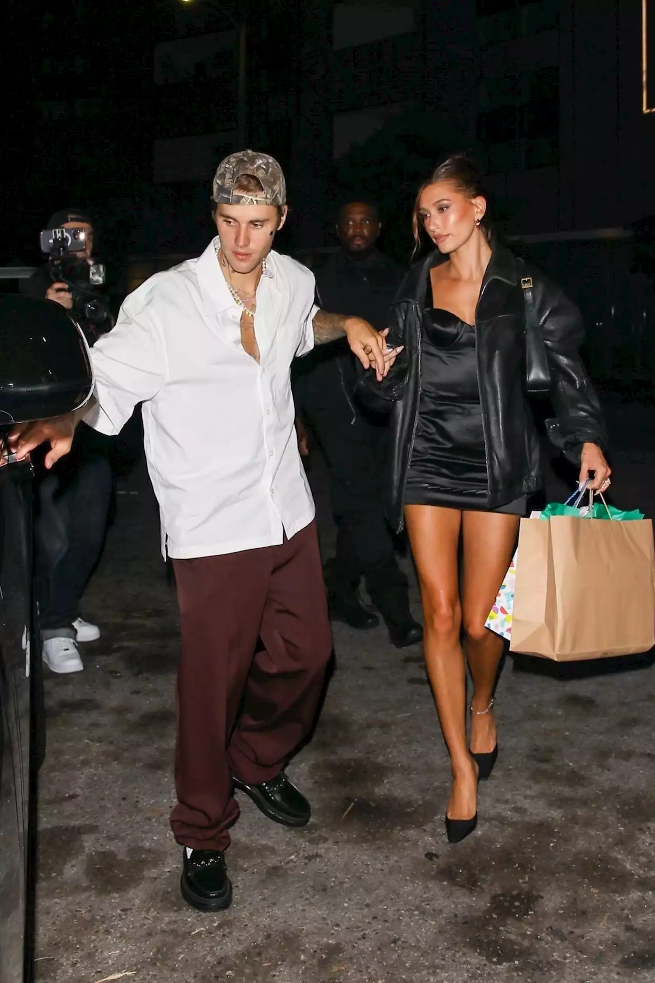 Hailey Bieber Pairs the Mini-est of Mini Dresses With Oversized Leather Bomber