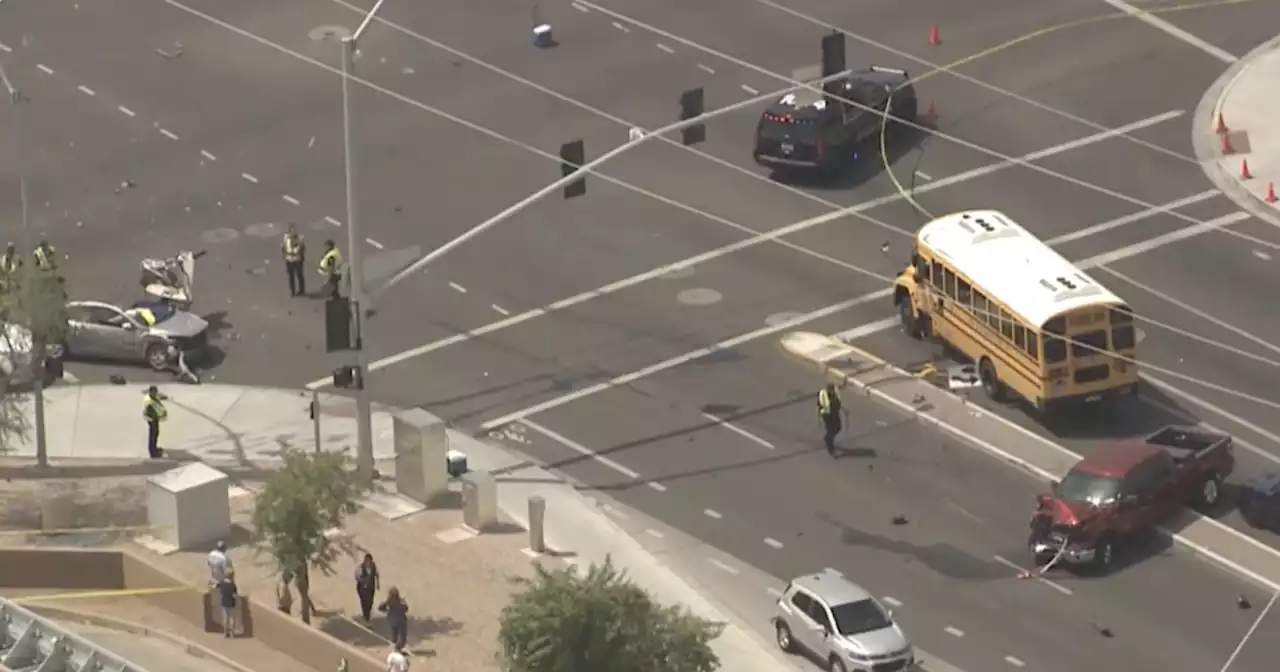 1 dead after crash involving 8 vehicles, school bus in Mesa