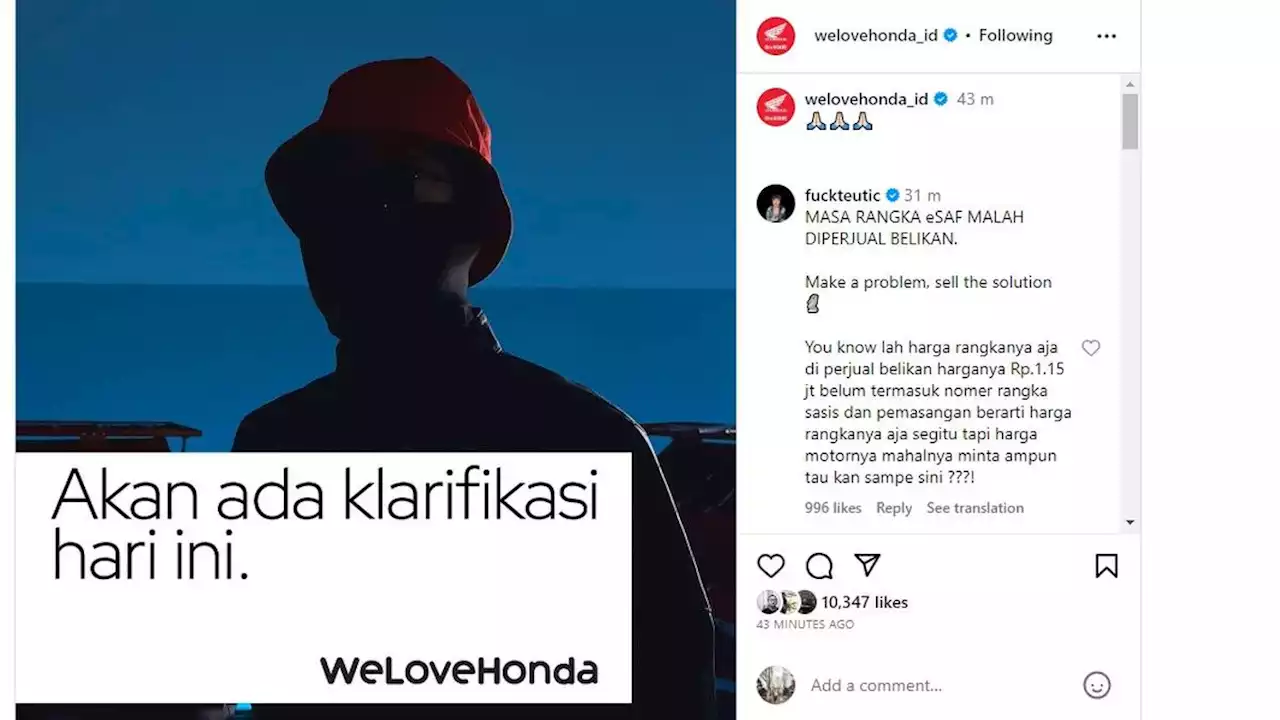 Akun Instagram welovehonda_id Siap Klarifikasi Hari Ini, Soal Permasalahan Rangka eSAF?