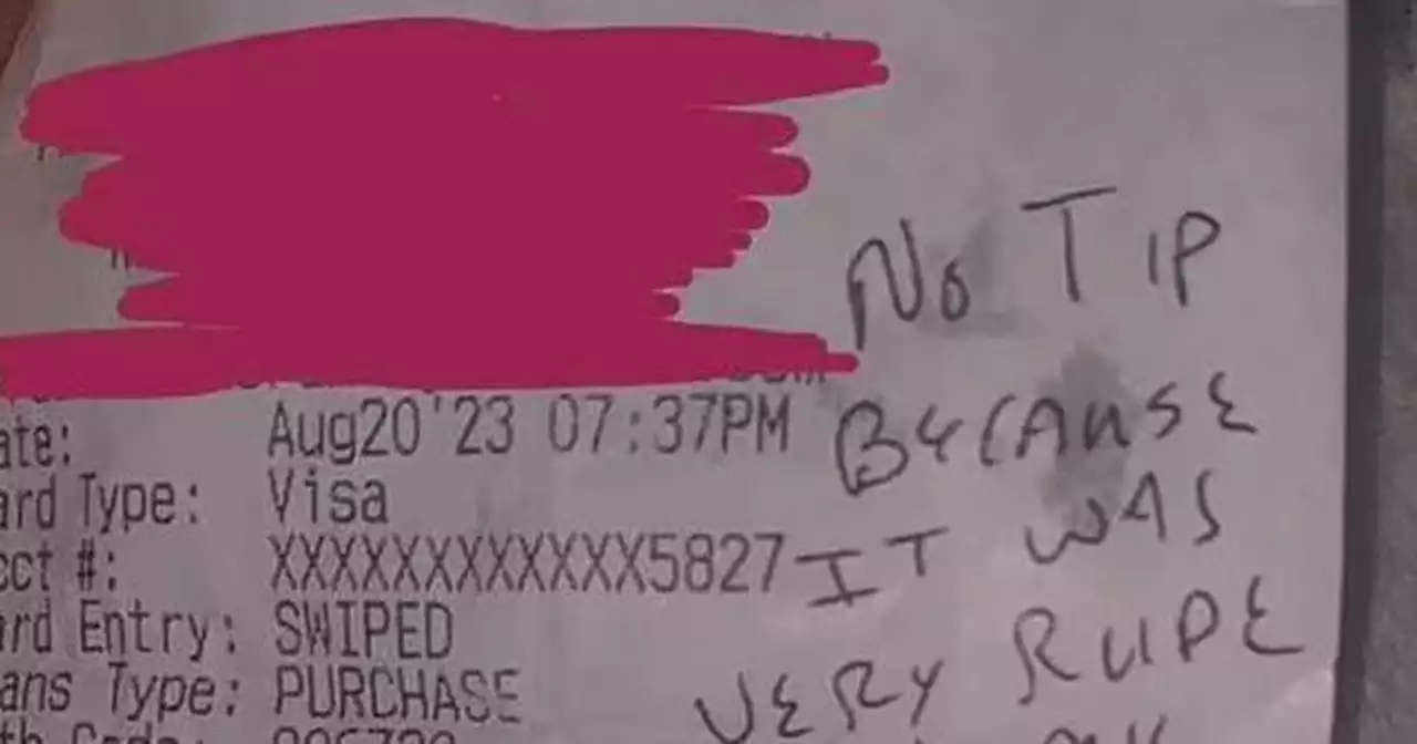 Waitress stunned as diner refuses to tip and brands her 'rude' in note on bill