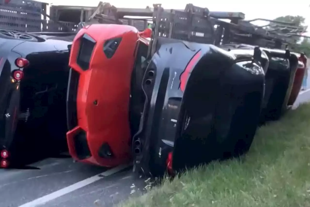 Luxury cars that are worth hundreds of thousands damaged in transporter crash