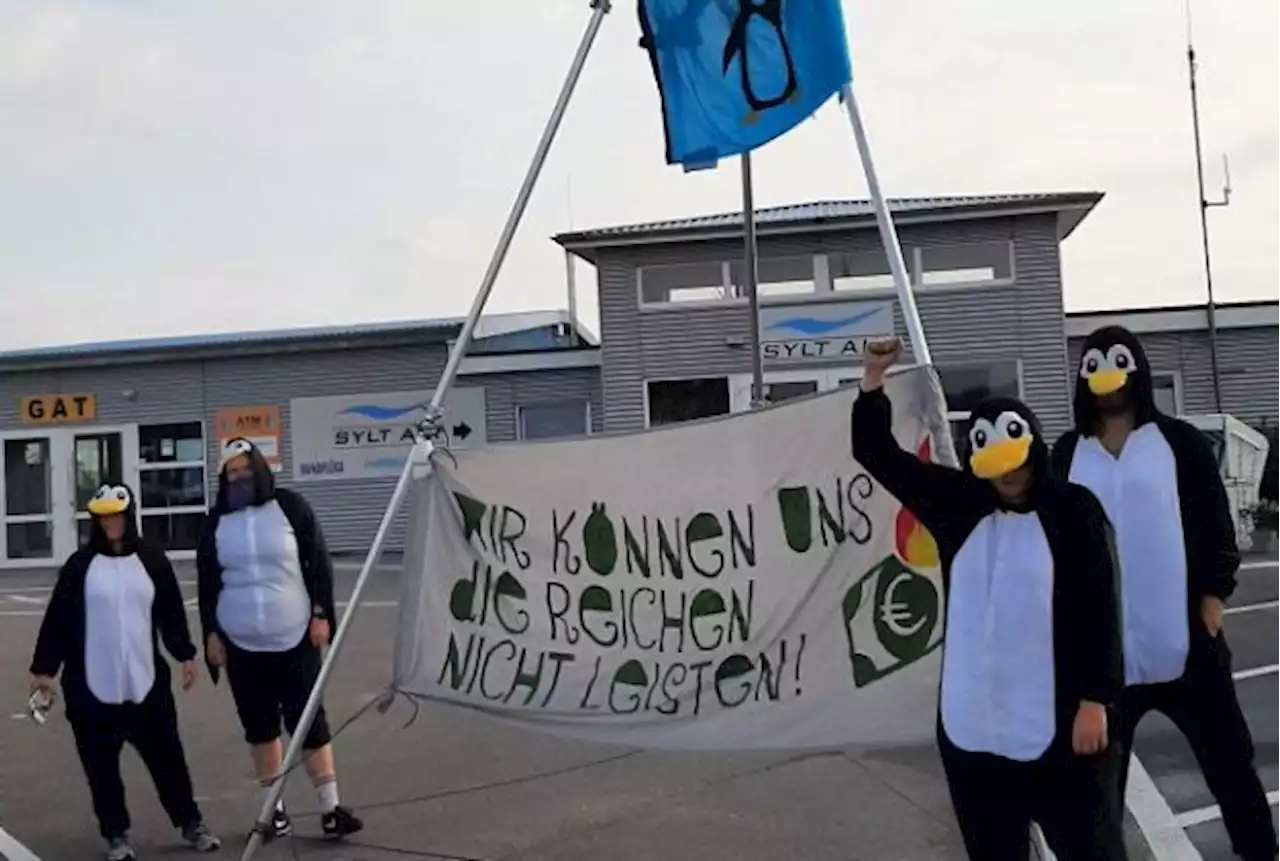 Klimaaktivisten in Pinguinkostümen protestieren an Sylter Flughafen