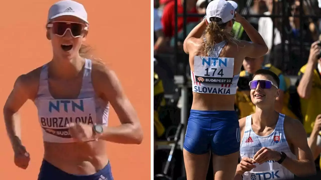 Race walkers get engaged at finish line of 35km at World Athletics Championships