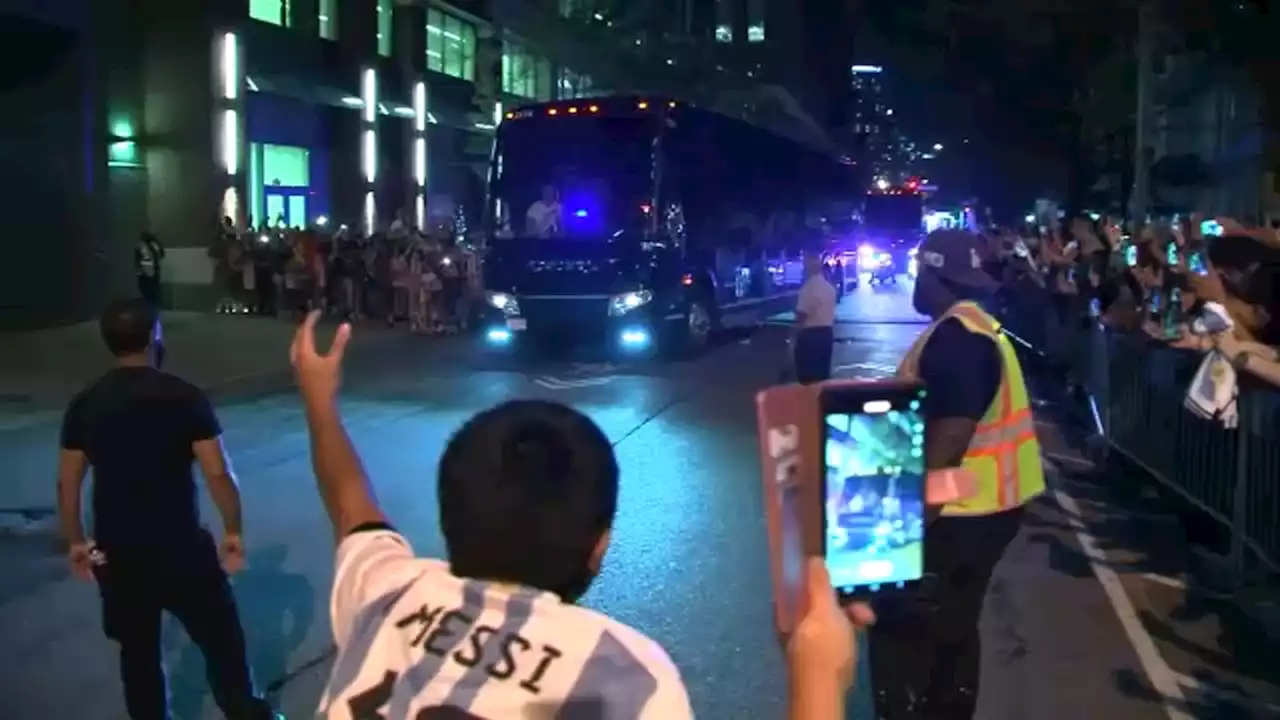 Crowds of fans wait outside New Jersey hotel for glimpse of Lionel Messi