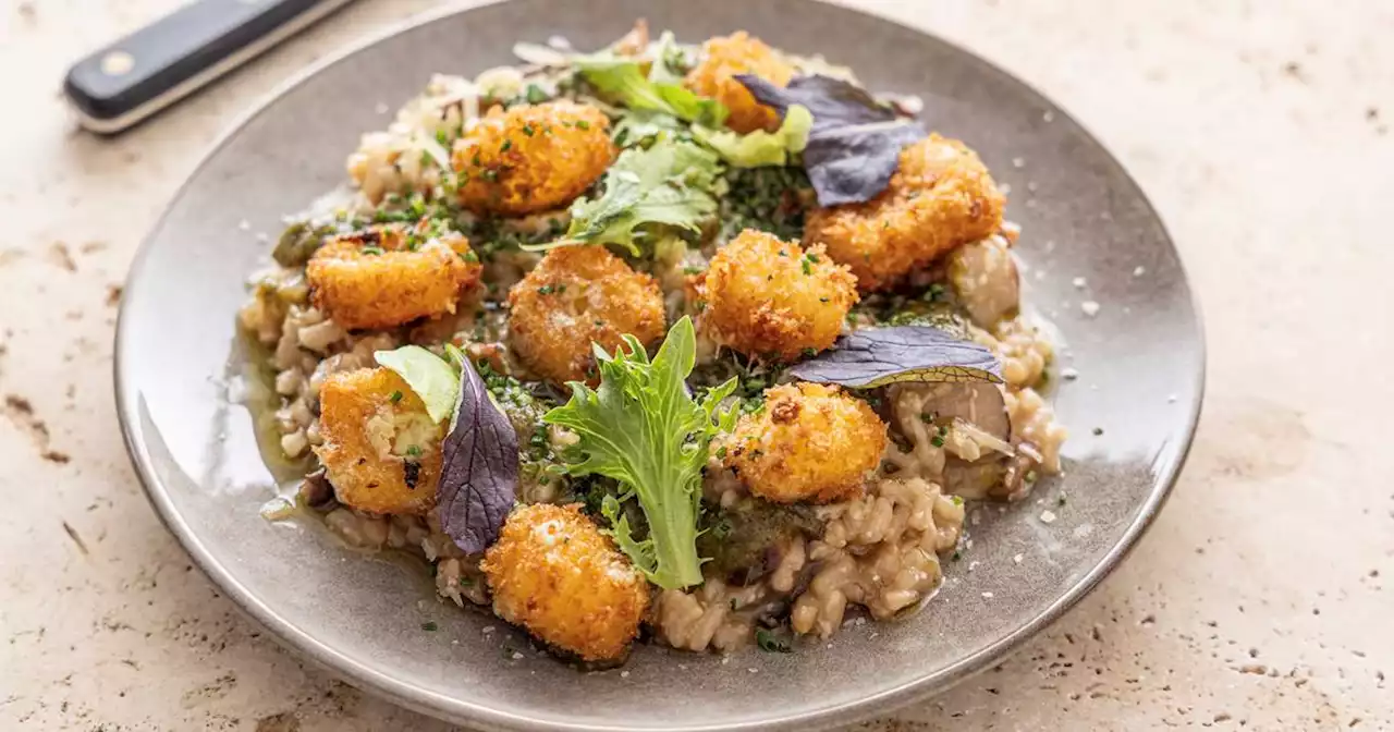 Wild mushroom risotto with crispy Cheddar