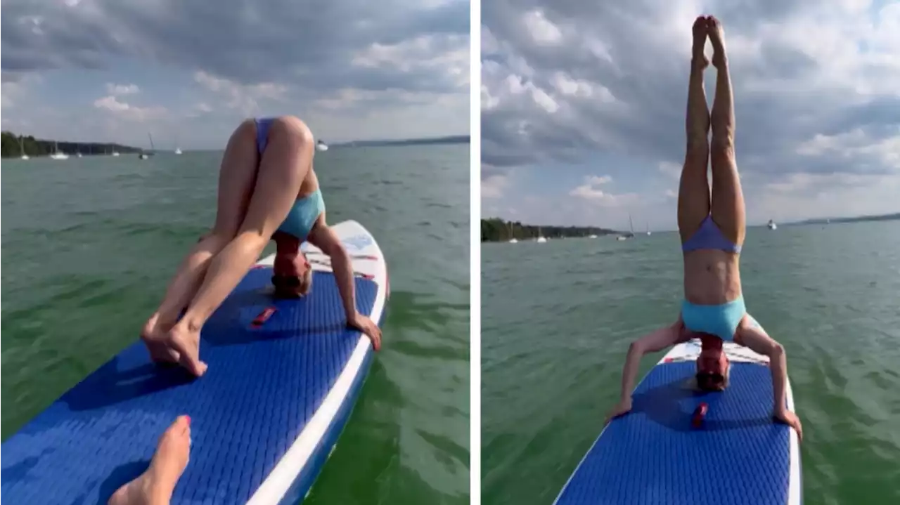 Wolke Hegenbarth ganz sportlich: Kopfstand auf einem SUP