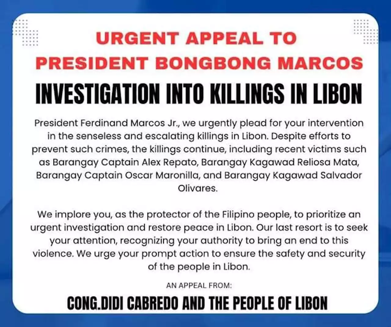 Albay solon seeks PBBM action on Libon town killings