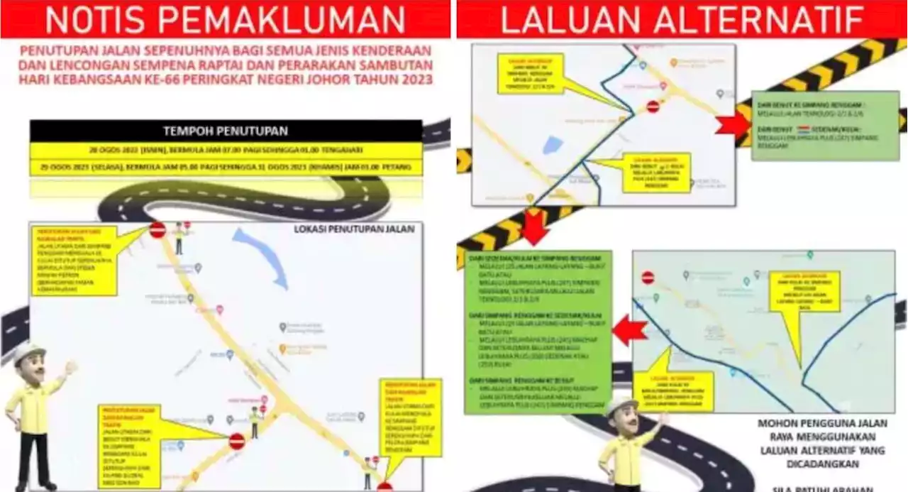 Johor road closures around Simpang Renggam for state-level Merdeka Day rehearsal and parade