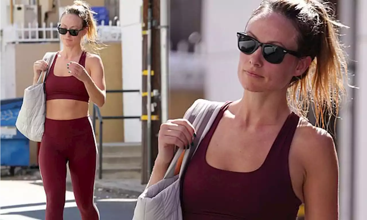 Olivia Wilde shows off fit figure in maroon-colored workout set in LA