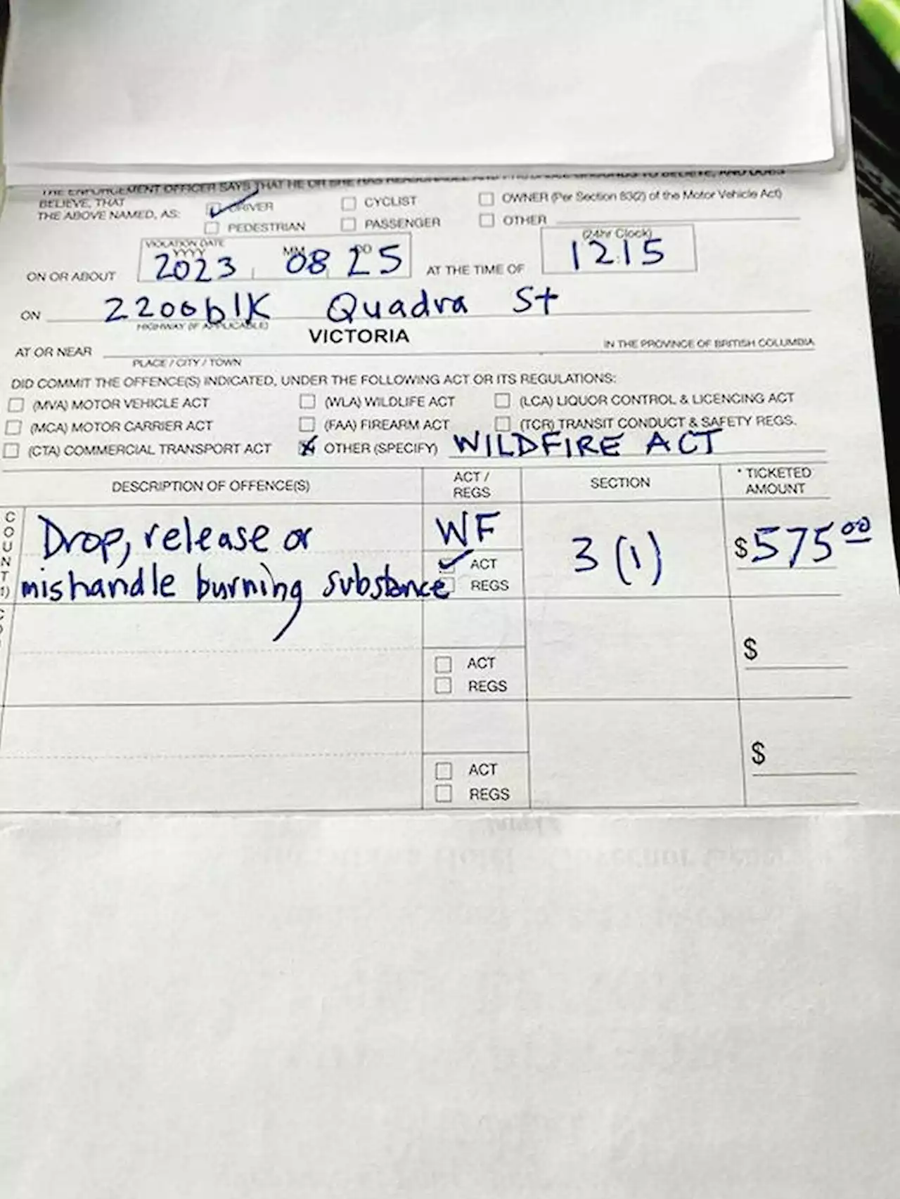 Motorist who flicked cigarette butt in front of police chief gets $575 ticket