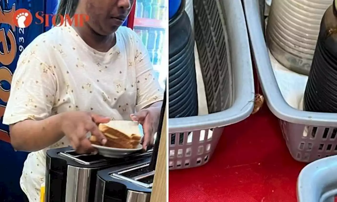 Food court worker handles toast without gloves, cockroach at drinks counter in Bras Basah Complex