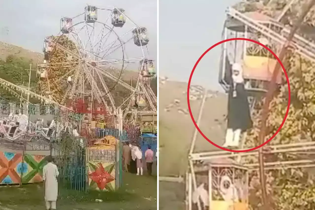 Moment schoolgirl dangles 30ft in mid-air after falling from ride