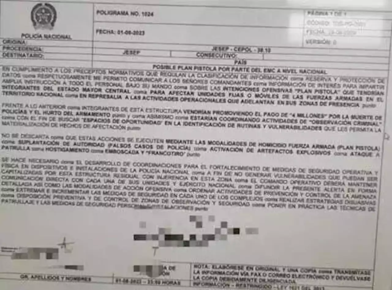 ¿Plan Pistola?: Disidencia de las Farc estaría pagando $4 millones por asesinar policías