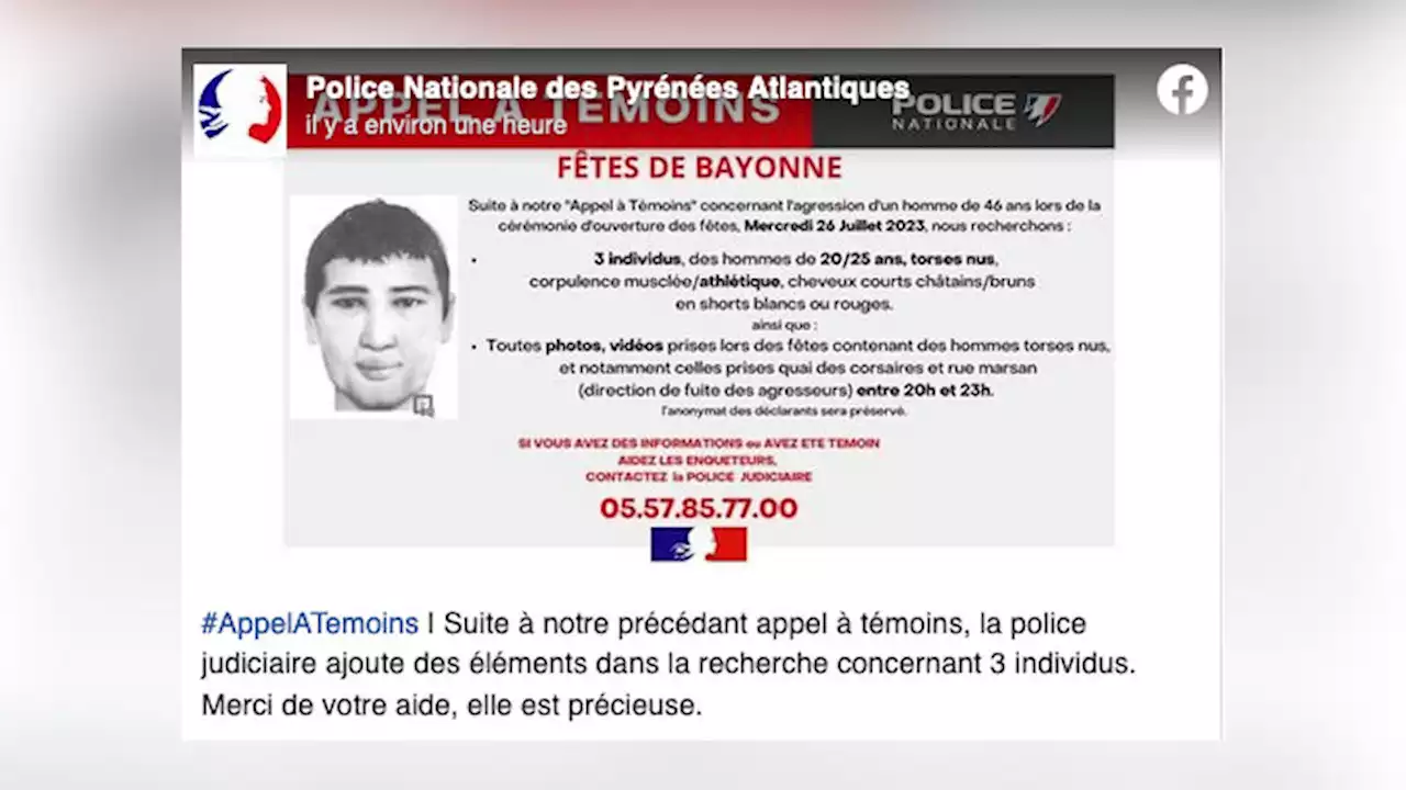 Fêtes de Bayonne : l'homme roué de coups est mort, la police publie un portrait-robot du suspect pour le retrouver