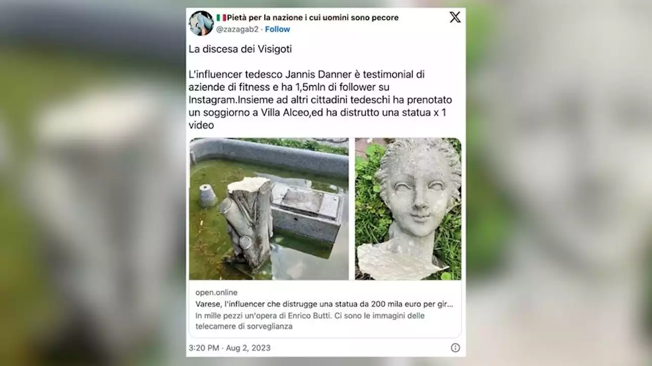 Star d’Instagram, un influenceur allemand détruit une statue estimée à 200.000 euros dans la location d’une célèbre villa en Italie