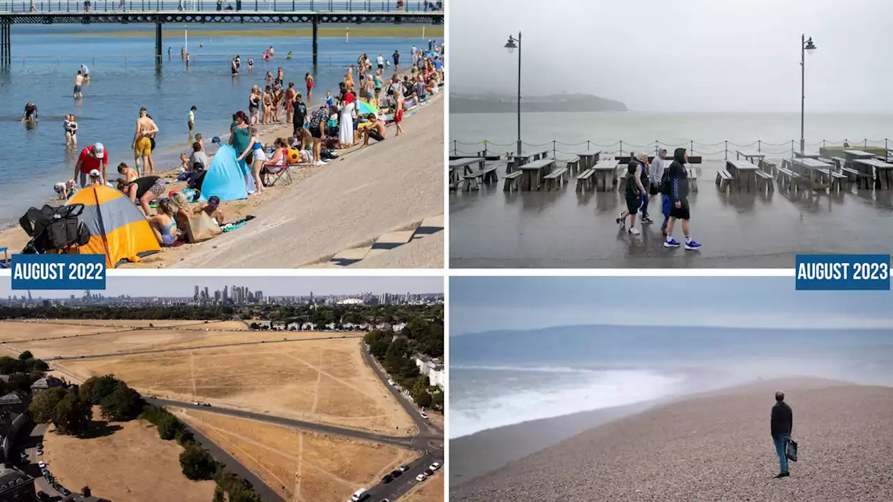 What a difference a year makes! Drenched Brits huddle at seaside one year after basking in record 40C sunshine