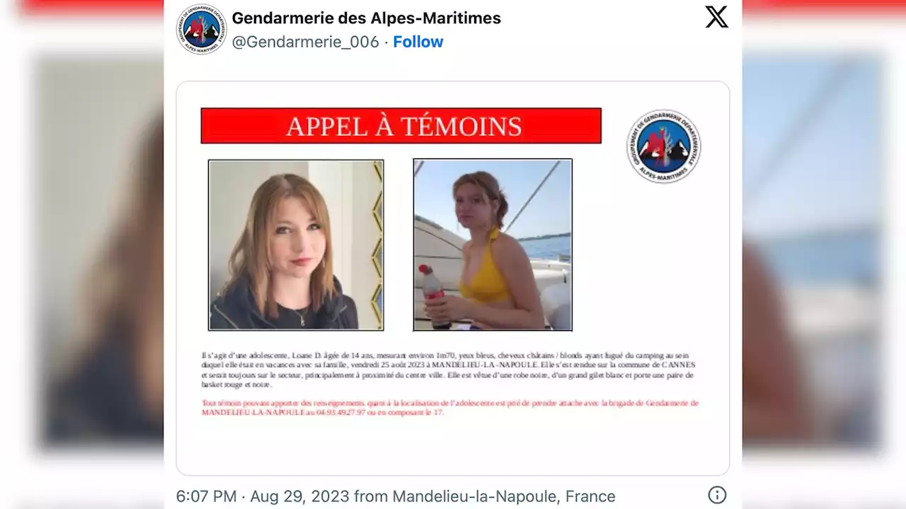 Disparition inquiétante : une adolescente de 14 ans introuvable depuis 5 jours dans les Alpes-Maritimes