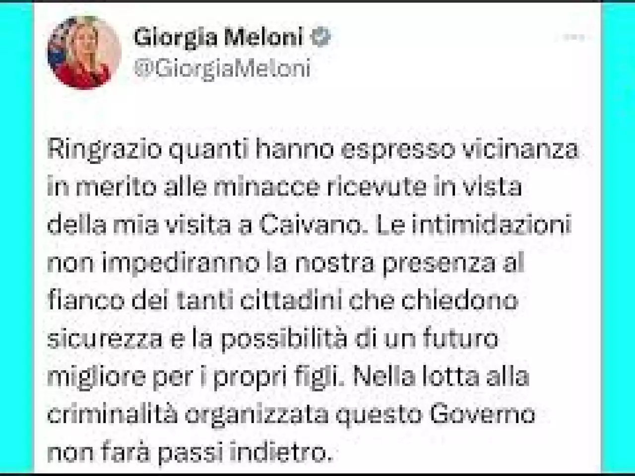 Minacce a Meloni per visita a Caivano, il post della Premier: Intimidazioni non impediranno presenza