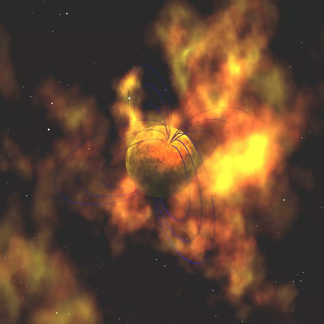 – these giant stars have magnetic fields about a thousand trillion times stronger than Earth's