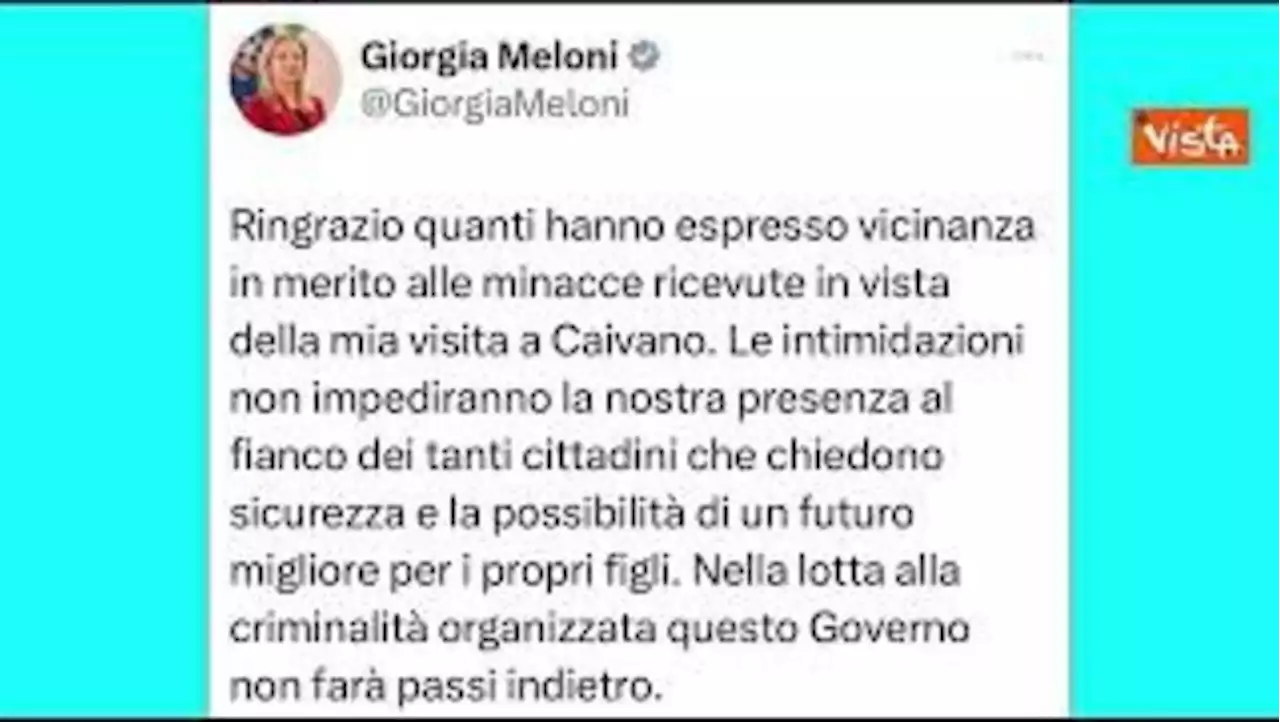 Minacce a Meloni per visita a Caivano, il post della Premier: Intimidazioni non impediranno presenza