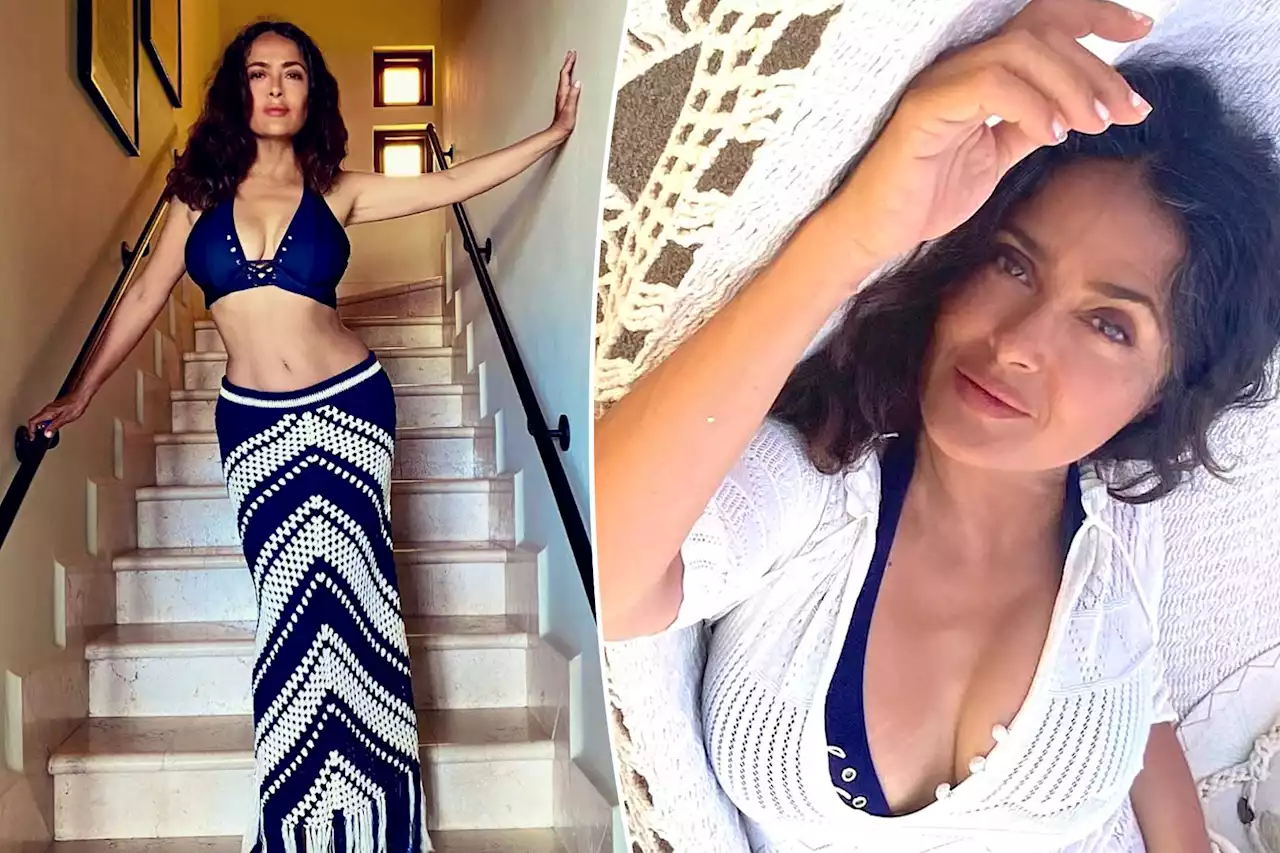 Salma Hayek sizzles in plunging blue bikini topi: ‘You don’t age’