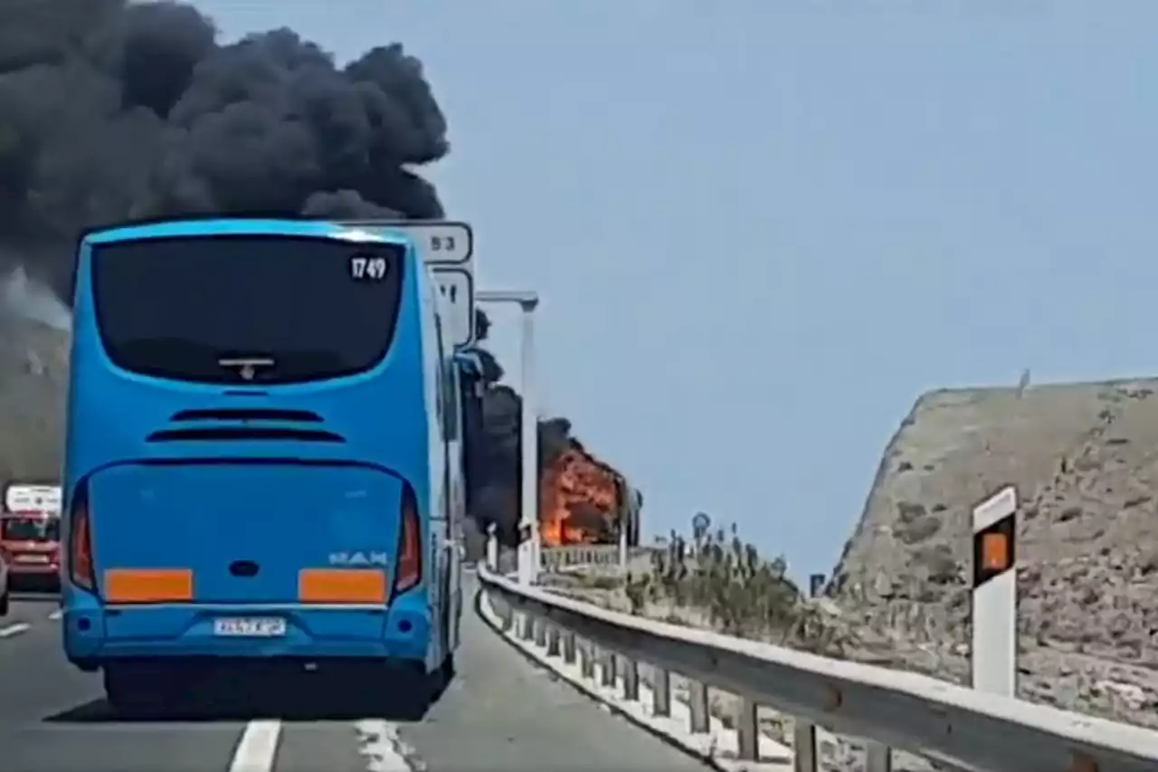 Horror moment tourist bus carrying 53 passengers bursts into flames on motorway