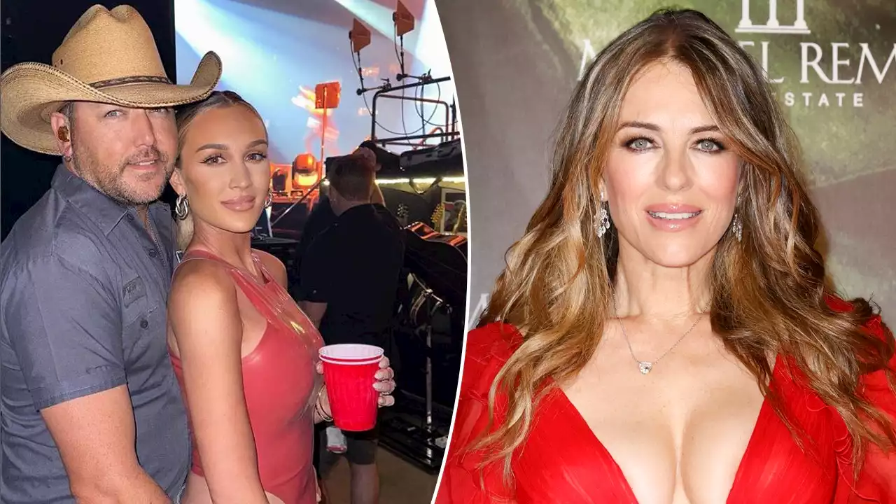 Jason and Brittany Aldean cuddle up at concert; Elizabeth Hurley stuns at 58 in red dress