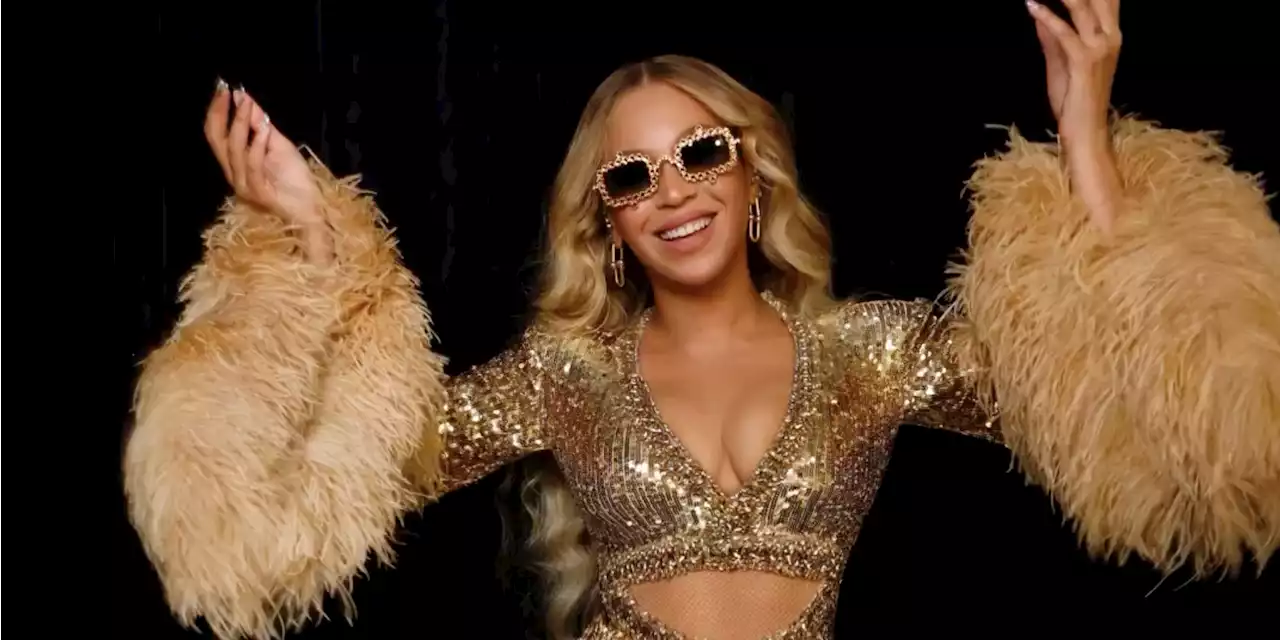 Beyoncé Channels '80s Glamour in a Gold Sequined Bodysuit with Feather Cuffs