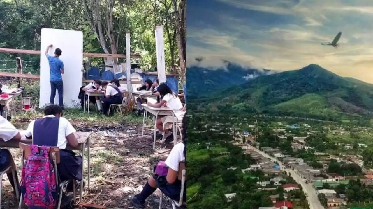 Jóvenes estudian debajo de los árboles luego de que el viento derrumbara su salón