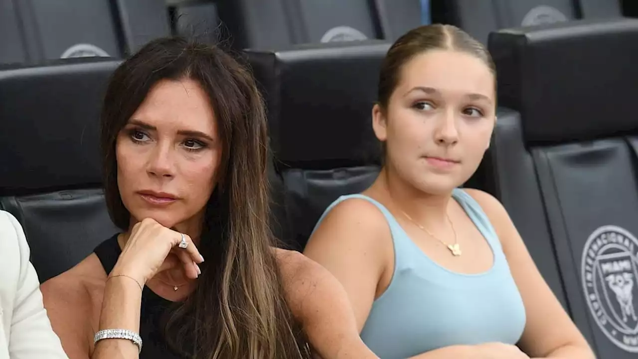 Harper and Victoria Beckham twin in matching outfits and ponytails for David's special occasion