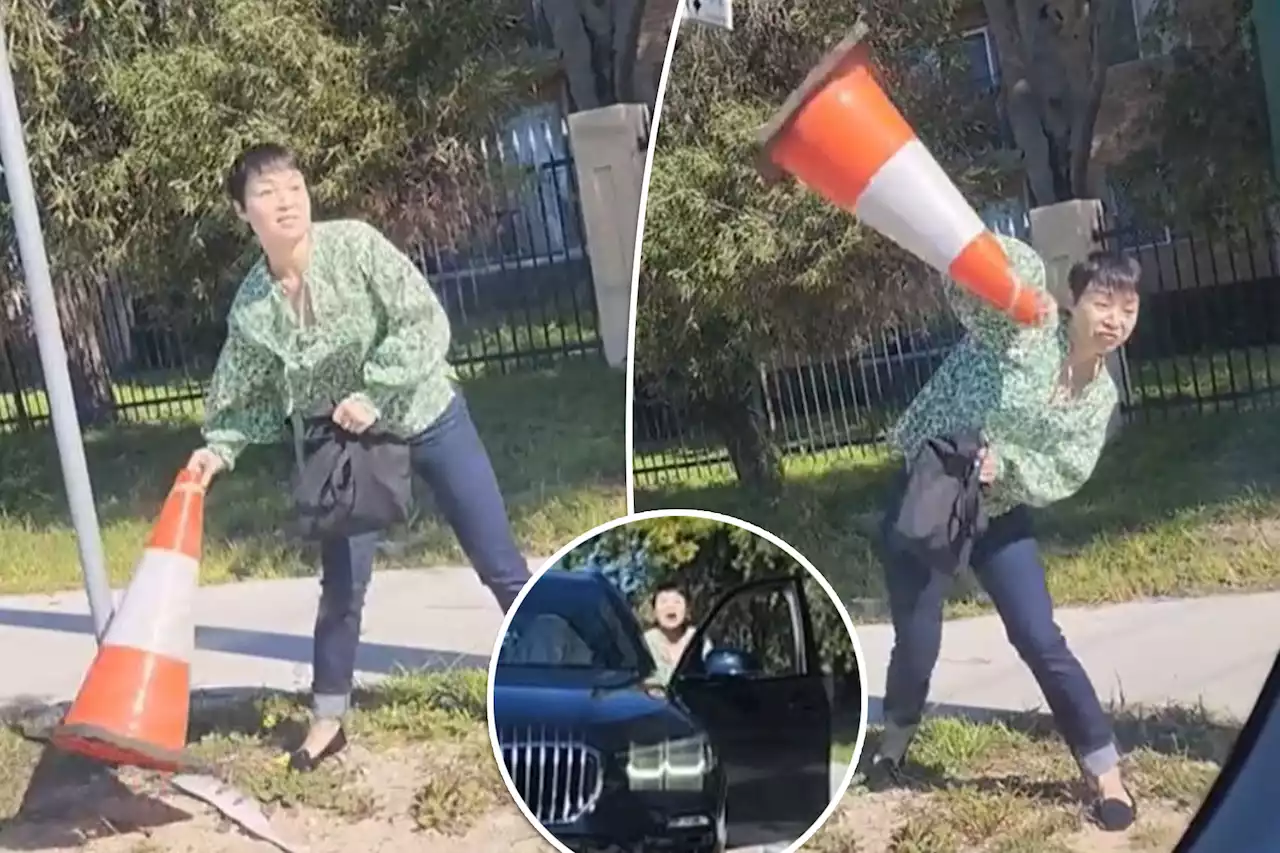 Woman hurls traffic cone at young driver in foul road-rage incident captured on video