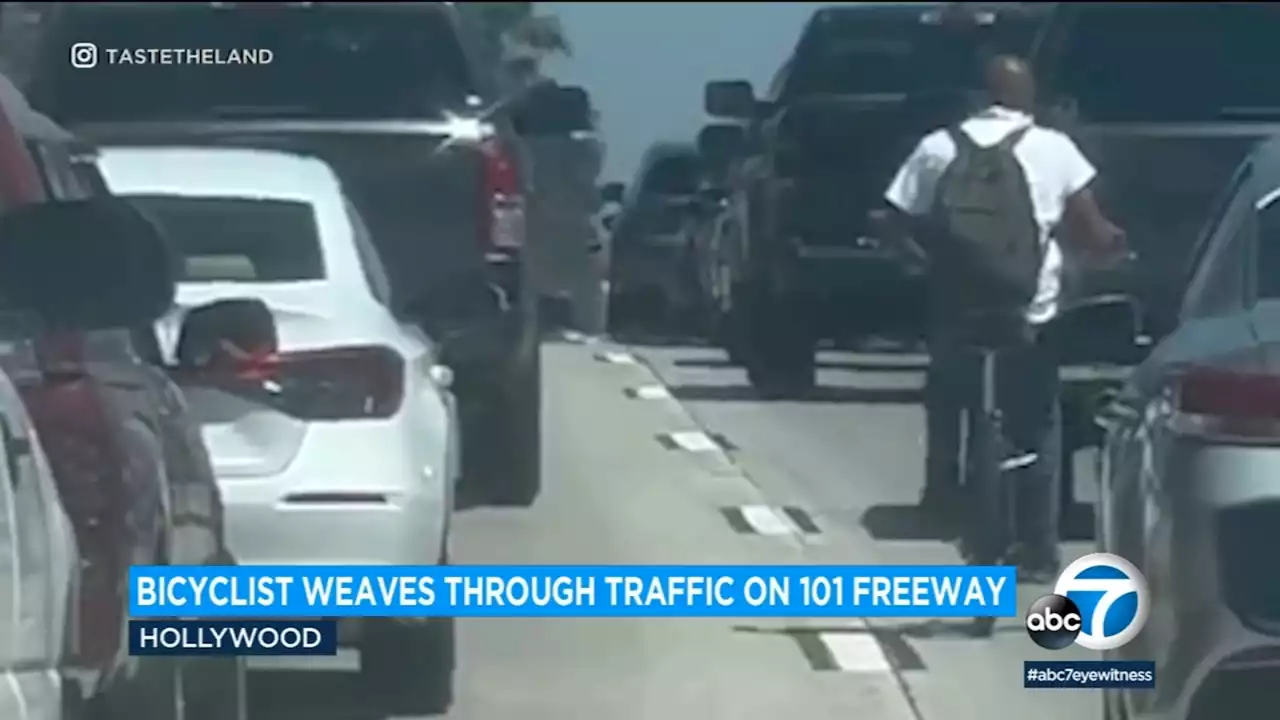 Bicyclist Weaves Through Traffic on 101 Freeway in Hollywood