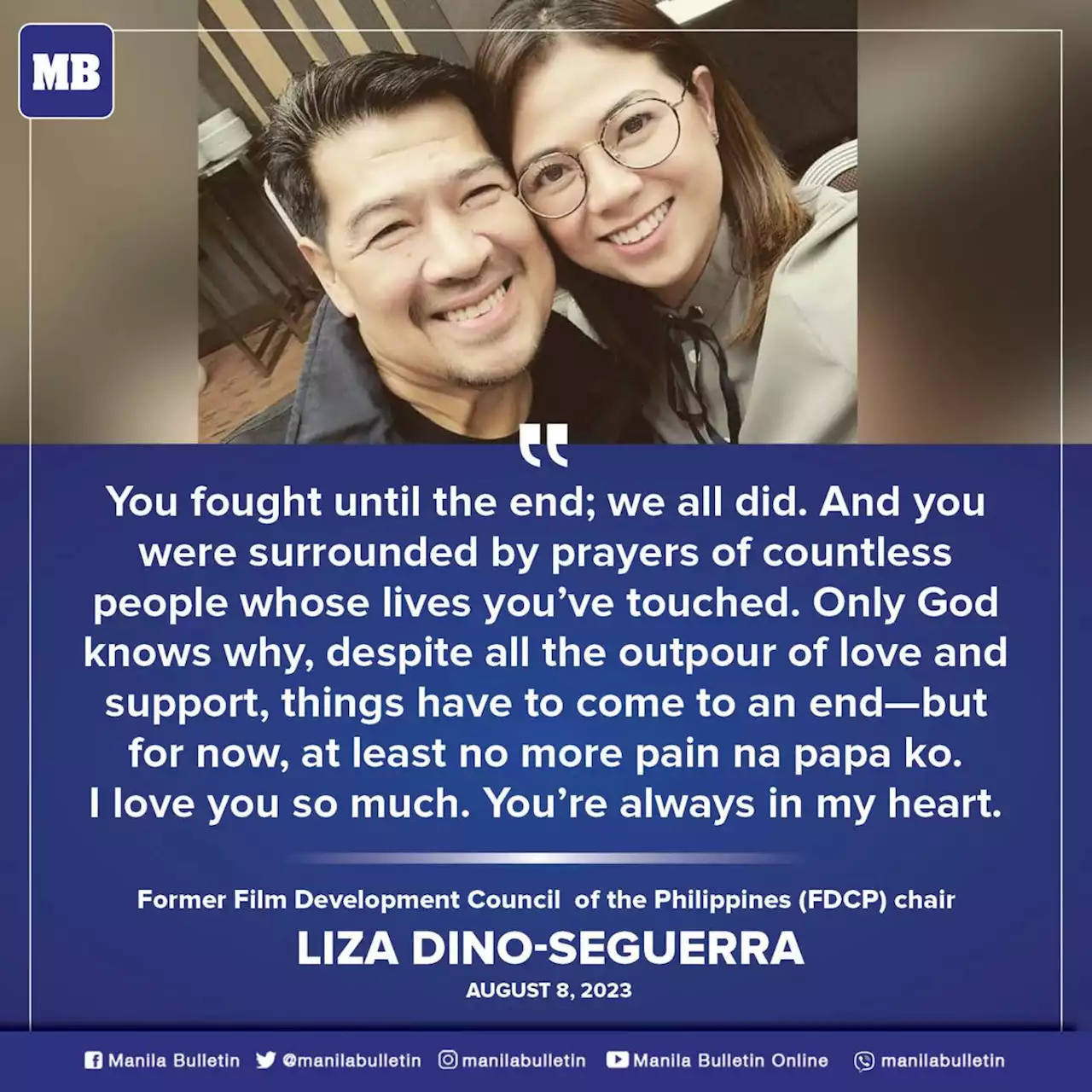 Former DILG Undersecretary Martin Dino, father of Liza Dino-Seguerra, passes away after cancer battle: 'No more pain na papa ko'