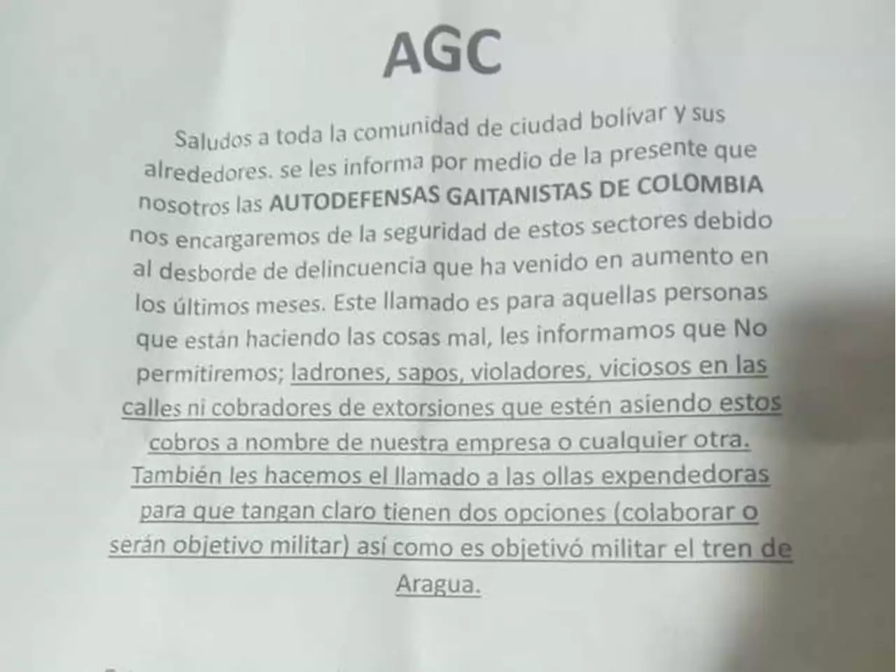 Denuncian amenazas de Clan del Golfo en Ciudad Bolívar, Policía responde