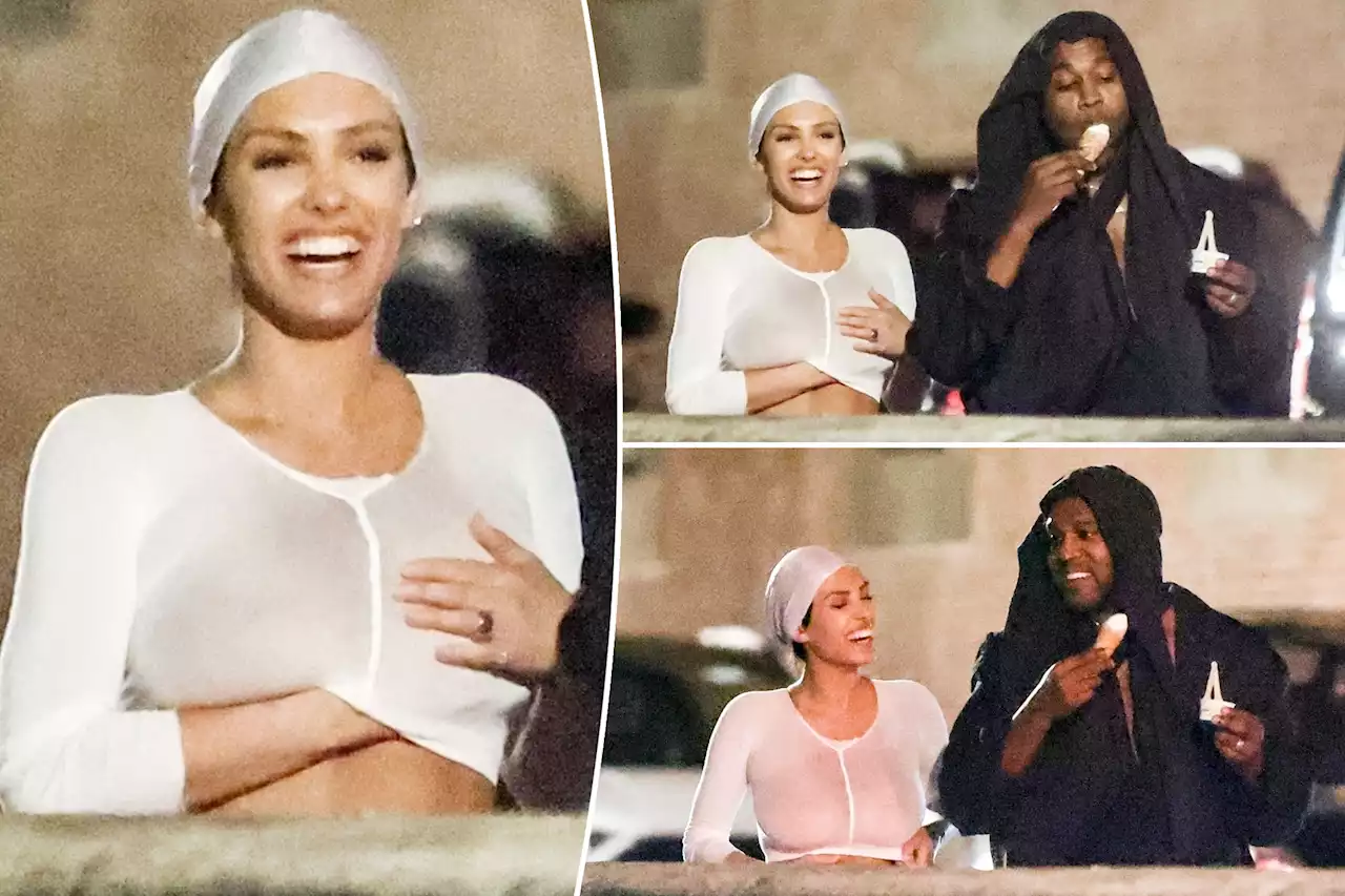 Bianca Censori adjusts breasts in sheer crop top on barefoot gelato run with Kanye West