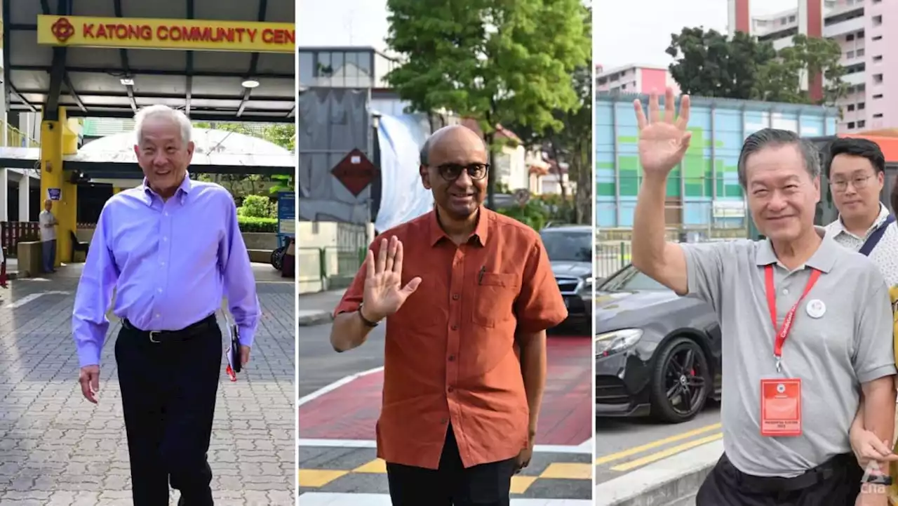 Presidential candidates Ng Kok Song, Tharman Shanmugaratnam and Tan Kin Lian cast their votes