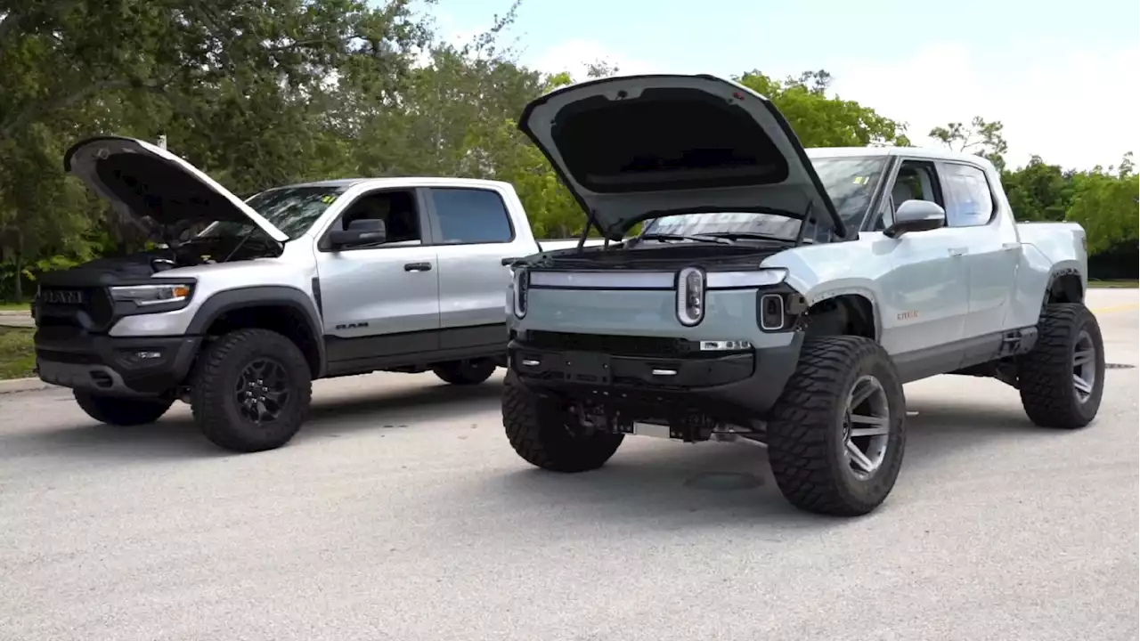 Rivian R1T With Lifted Suspension And 38-inch Tires Faces The Ram 1500 TRX